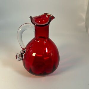 Vintage Ruby Red Hand Blown Pitcher with clear handle